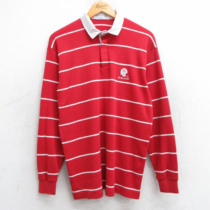 【50%OFF】L★古着 長袖 ラガー シャツ メンズ 90年代 90s ネブラスカ フットボール USA製 赤他 レッド ボーダー 25jun25 中古 トップス