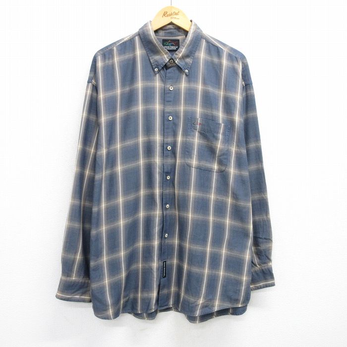 XL★古着 グレッグノーマン 長袖 シャツ メンズ 大きいサイズ ロング丈 コットン ボタンダウン 紺他 ネイビー チェック 25jun26 中古 トップス
