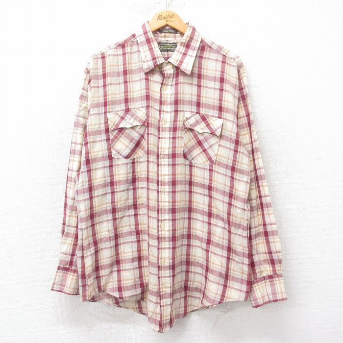XL★古着 シアーズ 長袖 シャツ メンズ 90年代 90s ロング丈 エンジ他 チェック 25jun30 中古 トップス