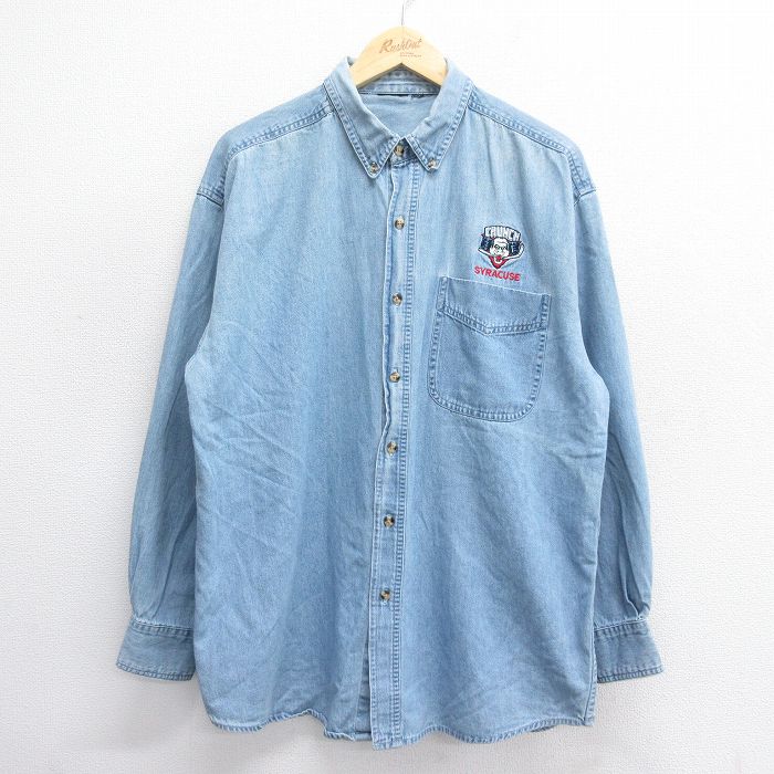 【50%OFF】XL★古着 長袖 シャツ メンズ シラキュース CRUNCH ボタンダウン 紺 ネイビー デニム 25jun30 中古 トップス