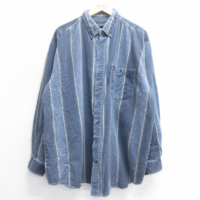 XL★古着 長袖 シャツ メンズ 90年代 90s 大きいサイズ ロング丈 コットン ボタンダウン 紺他 ネイビー ストライプ 【spe】 25jun30 中古 トップス