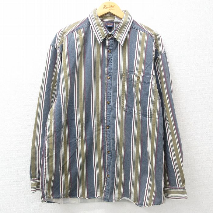 XL★古着 長袖 シャツ メンズ 90年代 90s コットン 濃紺他 ネイビー ストライプ 25jun30 中古 トップス