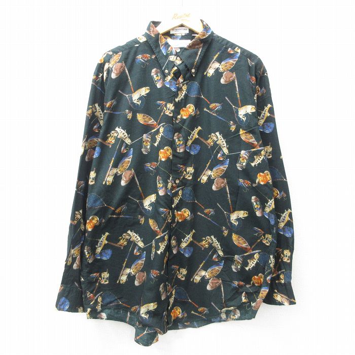 【20%OFF】XL★古着 長袖 シャツ メンズ 90年代 90s 魚 釣り 大きいサイズ ボタンダウン USA製 濃緑他 グリーン 【spe】 25jun30 中古 トップス