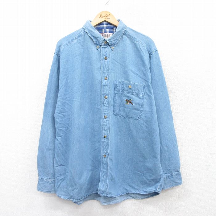 XL★古着 ラングラー Wrangler 長袖 シャツ メンズ 90年代 90s 鳥 大きいサイズ ボタンダウン 紺 ネイビー デニム 【spe】 25jun30 中古 トップス