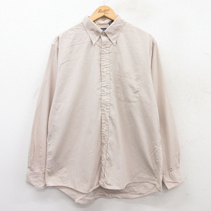 【20%OFF】XL★古着 ランズエンド 長袖 ブランド シャツ メンズ 90年代 90s オックスフォード コットン ボタンダウン ベージュ系他 カーキ チェック 25jun30 中古 トップス