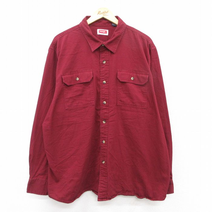 XL★古着 ラングラー Wrangler 長袖 シャツ メンズ 大きいサイズ ロング丈 赤系 レッド 25jul02 中古 トップス