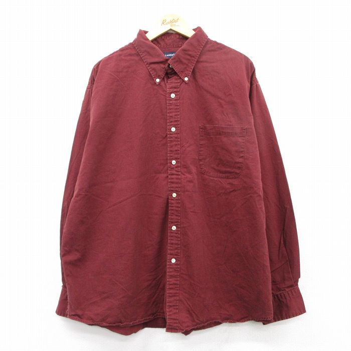 XL★古着 ランズエンド 長袖 シャツ メンズ 大きいサイズ ロング丈 コットン ボタンダウン エンジ系 25jul02 中古 トップス