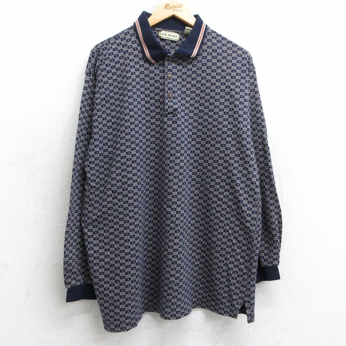 L★古着 長袖 ポロ シャツ メンズ 90年代 90s 総柄 紺他 ネイビー 25jul03 中古 トップス