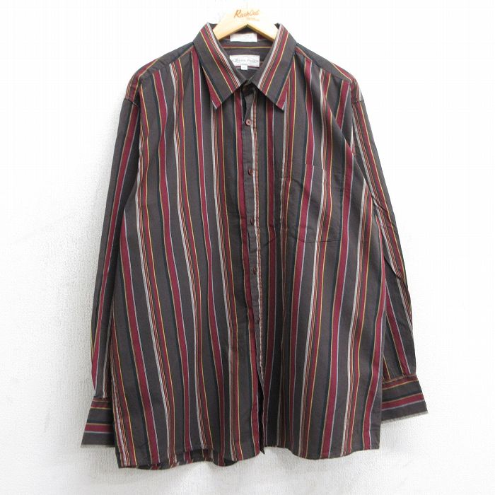 XL★古着 長袖 シャツ メンズ コットン ボタンダウン 濃茶他 ブラウン ストライプ 25jul03 中古 トップス