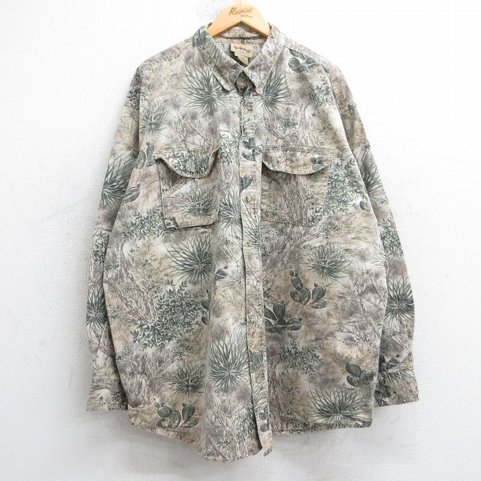 XL★古着 長袖 シャツ メンズ サボテン 木 葉 総柄 リップストップ 大きいサイズ ロング丈 コットン ボタンダウン ベージュ他 カーキ 【spe】 25jul03 中古 トップス