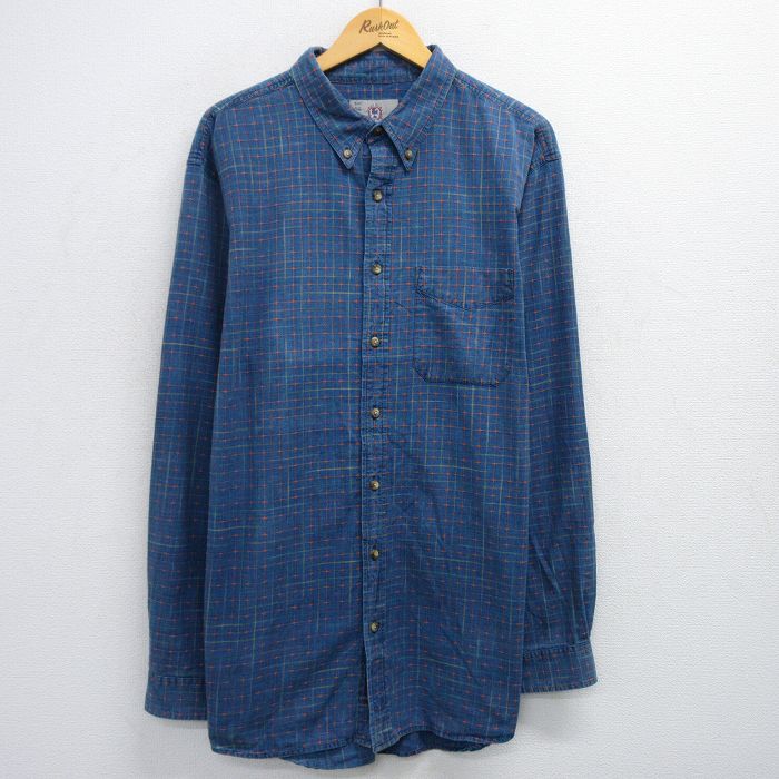 XL★古着 THE TERRITORY AHEAD 長袖 シャツ メンズ 00年代 00s ロング丈 コットン ボタンダウン 紺他 ネイビー チェック 【spe】 25jul03 中古 トップス