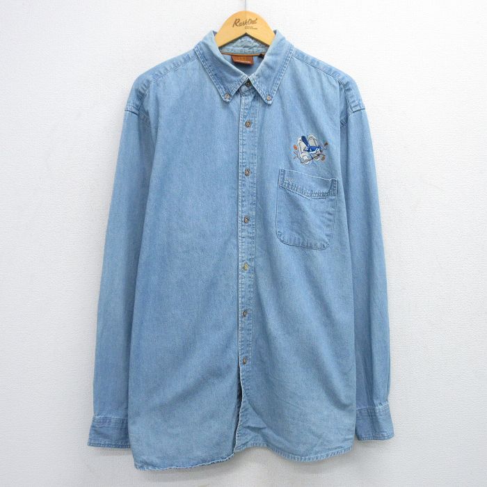 XL★古着 長袖 シャツ メンズ 鳥 大きいサイズ ロング丈 コットン ボタンダウン 薄紺 ネイビー デニム 25jul03 中古 トップス