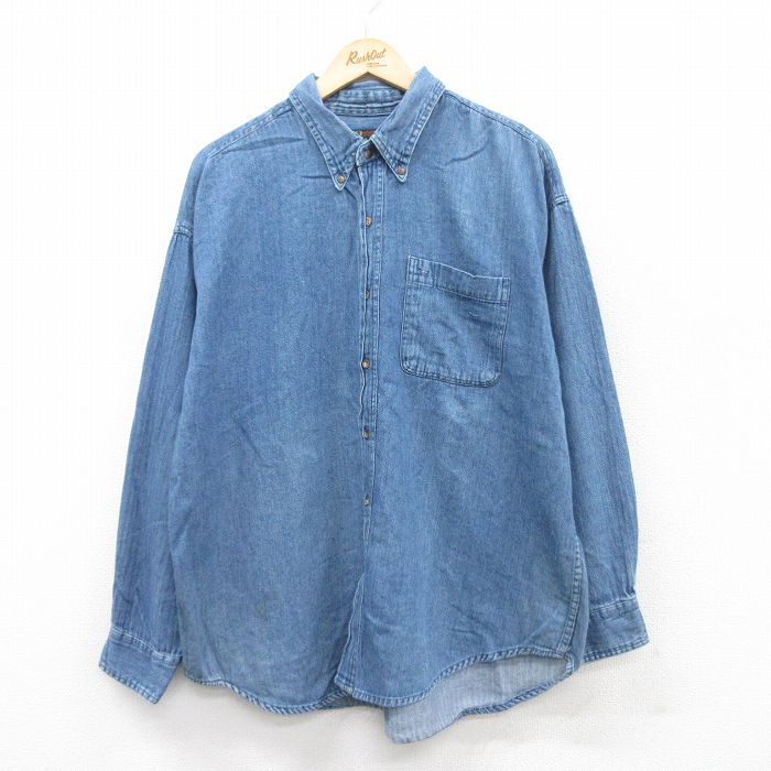 【20%OFF】XL★古着 長袖 シャツ メンズ 大きいサイズ コットン ボタンダウン 紺 ネイビー デニム 25jul05 中古 トップス