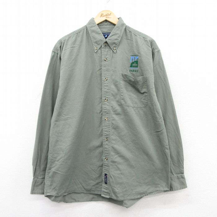 XL★古着 長袖 シャツ メンズ PARKS 大きいサイズ コットン ボタンダウン 濃緑 グリーン 25jul05 中古 トップス