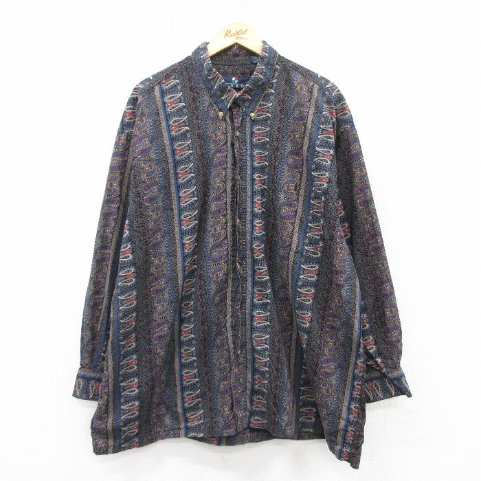 XL★古着 長袖 シャツ メンズ ペイズリー柄 大きいサイズ ロング丈 コットン ボタンダウン 紺他 ネイビー 25jul05 中古 トップス