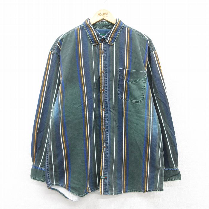 XL★古着 アメリカンイーグル American Eagle 長袖 ブランド シャツ メンズ 90年代 90s 大きいサイズ コットン ボタンダウン 緑他 グリーン ストライプ 25jul05 中古 トップス