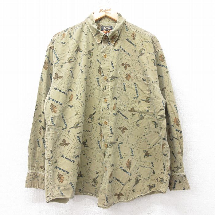 【50%OFF】XL★古着 長袖 シャツ メンズ 00年代 00s 鳥 魚 コットン ボタンダウン 緑系 グリーン 25aug04 中古 トップス