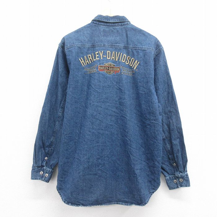 XL★古着 ハーレーダビッドソン Harley Davidson 長袖 シャツ メンズ ビッグロゴ 刺繍 コットン 紺 ネイビー デニム 【spe】 25aug08 中古 トップス