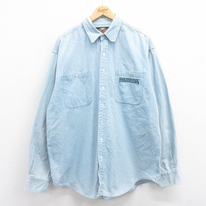 XL★古着 ハーレーダビッドソン Harley Davidson 長袖 シャツ メンズ ワンポイントロゴ 大きいサイズ コットン 紺 ネイビー デニム 25aug08 中古 トップス