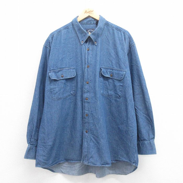 XL★古着 長袖 シャツ メンズ 大きいサイズ コットン ボタンダウン 紺 ネイビー デニム 25aug08 中古 トップス