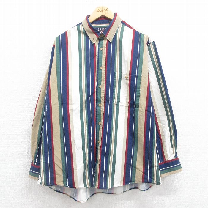【20%OFF】XL★古着 長袖 シャツ メンズ 00年代 00s 大きいサイズ コットン ボタンダウン 緑他 グリーン ストライプ 25aug08 中古 トップス