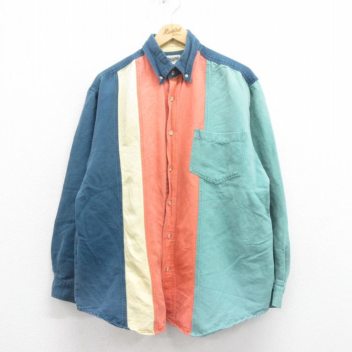 XL★古着 長袖 シャツ メンズ 00年代 00s 大きいサイズ マルチカラー ボタンダウン 紺他 ネイビー 25aug08 中古 トップス