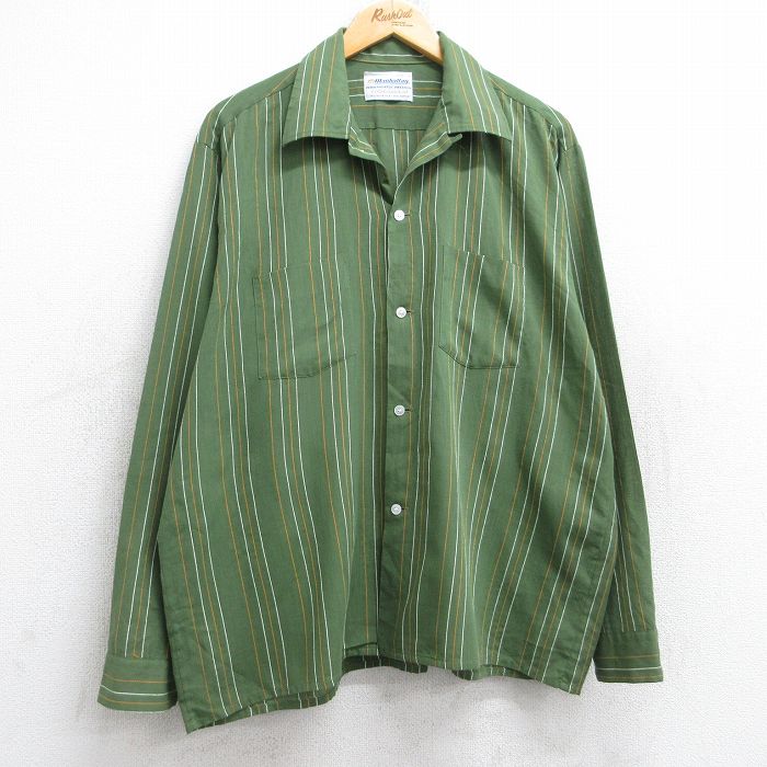 XL★古着 マンハッタン 長袖 シャツ メンズ 80年代 80s 開襟 オープンカラー 濃緑他 グリーン ストライプ 25aug18 中古 トップス