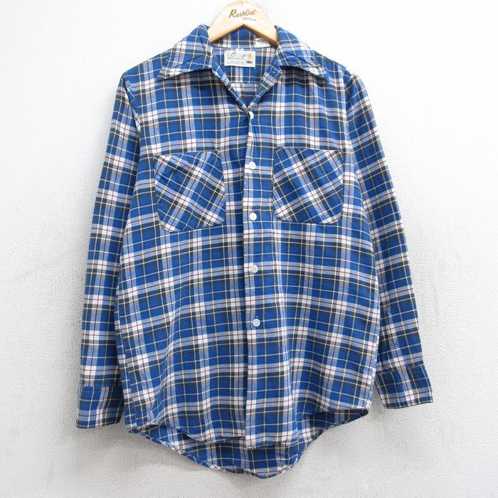 【20%OFF】M★古着 長袖 シャツ メンズ 80年代 80s コットン 開襟 オープンカラー 青他 ブルー チェック 25aug18 中古 トップス