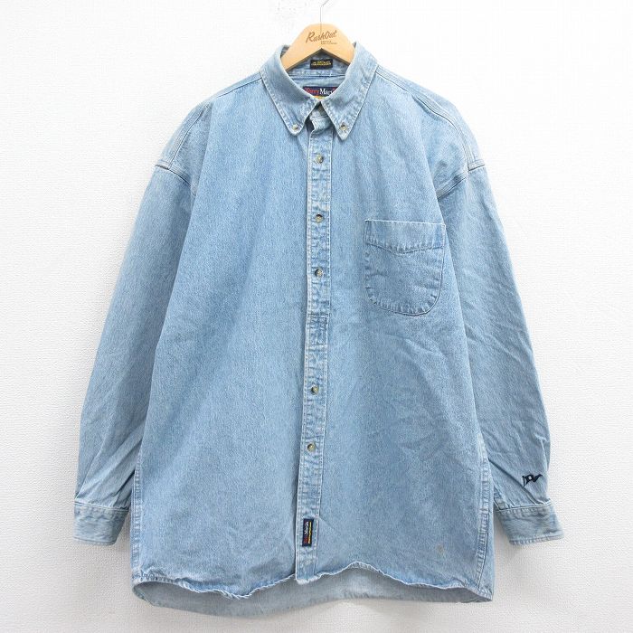 XL★古着 長袖 シャツ メンズ 大きいサイズ ロング丈 コットン 紺 ネイビー デニム 25aug18 中古 トップス