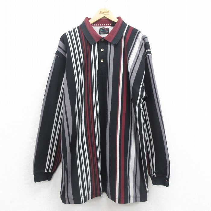 【50%OFF】XL★古着 グレッグノーマン 長袖 ポロ シャツ メンズ ワンポイントロゴ 鹿の子 大きいサイズ ロング丈 コットン 黒 ブラック ストライプ 25aug18 中古 トップス