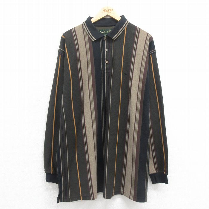 XL★古着 長袖 ポロ シャツ メンズ 90年代 90s 鹿の子 大きいサイズ ロング丈 緑他 グリーン ストライプ 25aug18 中古 トップス