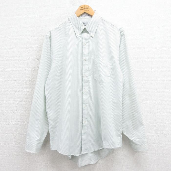 【50%OFF】XL★古着 アロー 長袖 シャツ メンズ 80年代 80s ボタンダウン USA製 薄緑 グリーン ストライプ 25aug18 中古 トップス