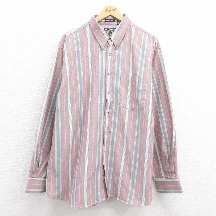 XL★古着 マンハッタン 長袖 シャツ メンズ 00年代 00s 大きいサイズ ボタンダウン エンジ他 ストライプ 25aug18 中古 トップス