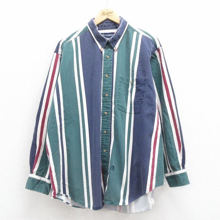 XL★古着 長袖 シャツ メンズ 00年代 00s ヘリンボーン 大きいサイズ コットン ボタンダウン 緑 グリーン ストライプ 25aug18 中古 トップス