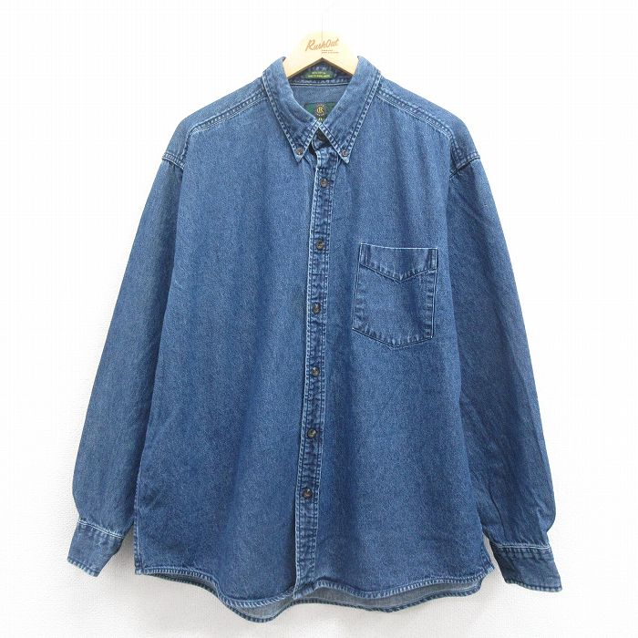XL★古着 長袖 シャツ メンズ 大きいサイズ コットン ボタンダウン 紺 ネイビー デニム 25aug18 中古 トップス