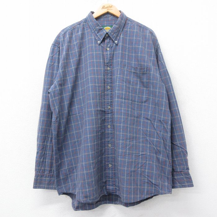 XL★古着 カベラス 長袖 シャツ メンズ 00年代 00s 大きいサイズ ロング丈 コットン ボタンダウン 薄紺他 ネイビー チェック 25aug20 中古 トップス