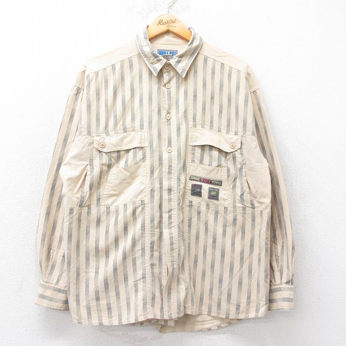 【50%OFF】XL★古着 ビューグルボーイ 長袖 シャツ メンズ 90年代 90s コットン ベージュ他 カーキ ストライプ 25aug20 中古 トップス