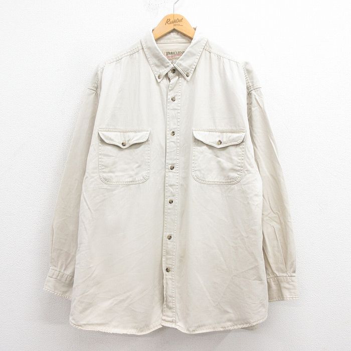 XL★古着 長袖 シャツ メンズ 00年代 00s 大きいサイズ ロング丈 コットン ボタンダウン 薄ベージュ カーキ 25aug23 中古 トップス