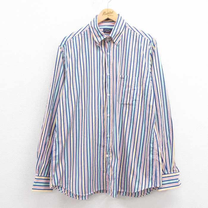 【20%OFF】L★古着 長袖 シャツ メンズ ワンポイントロゴ コットン ボタンダウン イタリア製 紺他 ネイビー ストライプ 25aug23 中古 トップス