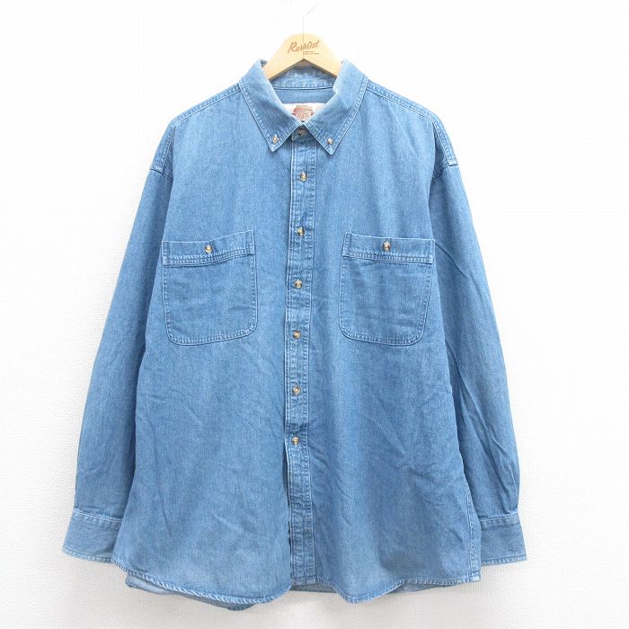 XL★古着 長袖 シャツ メンズ 大きいサイズ ロング丈 コットン ボタンダウン 紺 ネイビー デニム 25aug23 中古 トップス