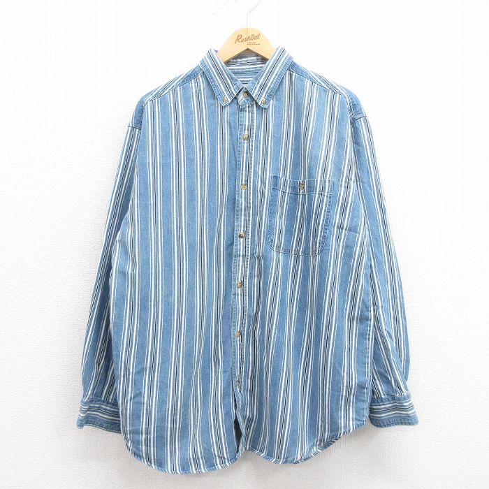 XL★古着 ベーシックエディションズ 長袖 シャツ メンズ 00年代 00s コットン ボタンダウン 紺他 ネイビー ストライプ 【spe】 25aug23 中古 トップス