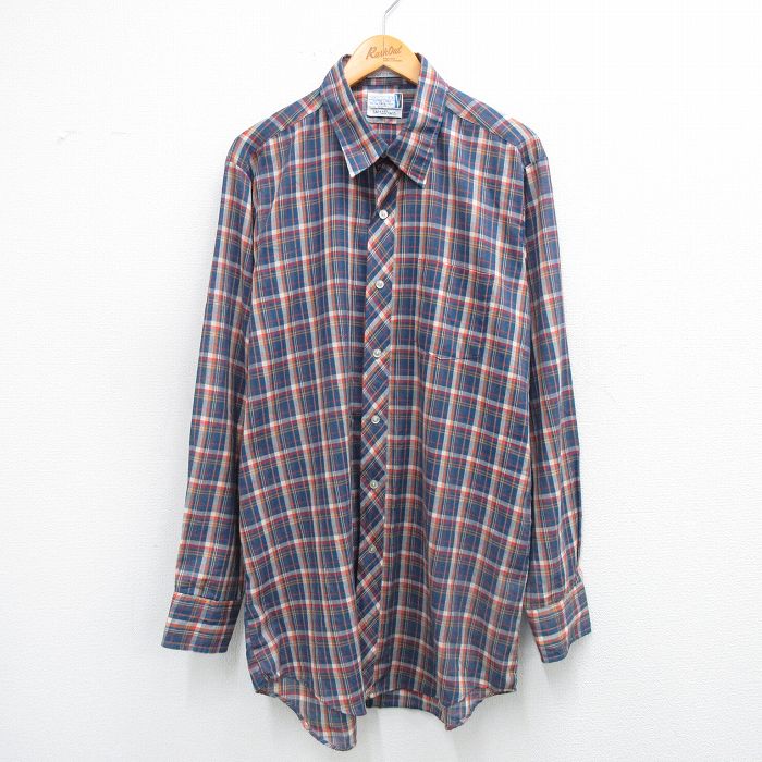 XL★古着 長袖 シャツ メンズ 90年代 90s ロング丈 紺他 ネイビー チェック 25aug25 中古 トップス