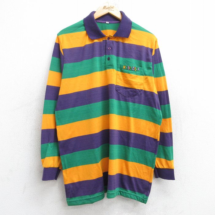 L★古着 長袖 ポロ シャツ メンズ 90年代 90s MARDIGRAS 紫他 パープル ボーダー 【spe】 25aug25 中古 トップス