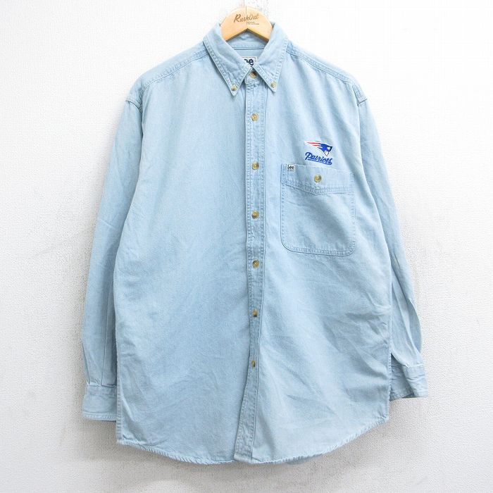【20%OFF】XL★古着 リー Lee 長袖 シャツ メンズ 00年代 00s NFL ニューイングランドペイトリオッツ コットン ボタンダウン 薄紺 ネイビー デニム アメフト スーパーボウル 25aug25 中古 トップス