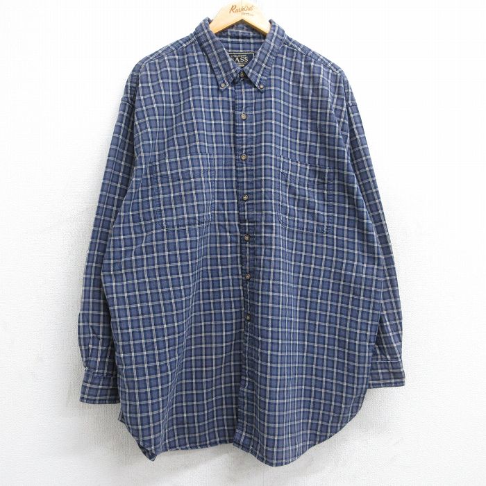 XL★古着 G.H.BASS 長袖 シャツ メンズ 大きいサイズ ロング丈 コットン ボタンダウン 紺他 ネイビー チェック 25aug25 中古 トップス