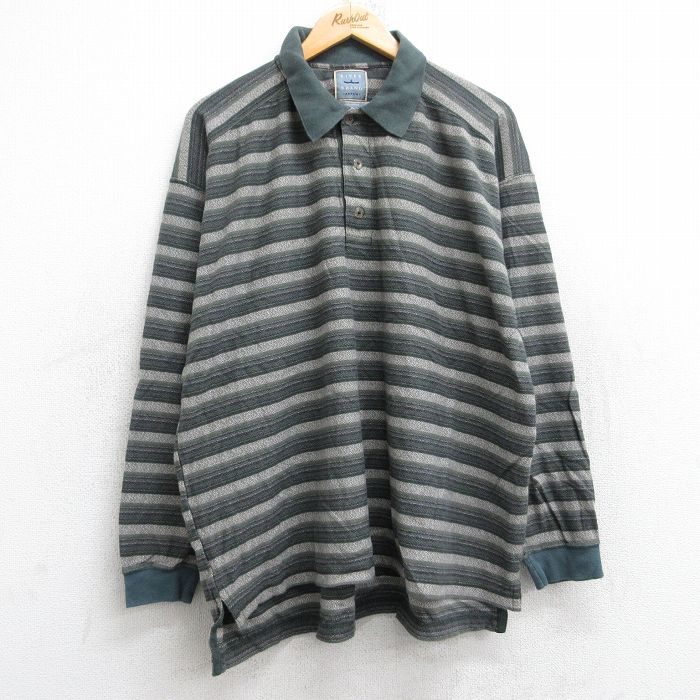 XL★古着 アロー 長袖 ポロ シャツ メンズ 大きいサイズ コットン 濃緑他 グリーン ボーダー 25aug25 中古 トップス