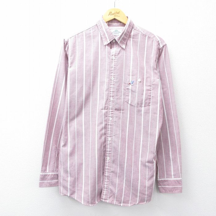 【20%OFF】L★古着 長袖 シャツ メンズ 90年代 90s 鳥 オックスフォード ボタンダウン エンジ系 ストライプ 25aug30 中古 トップス