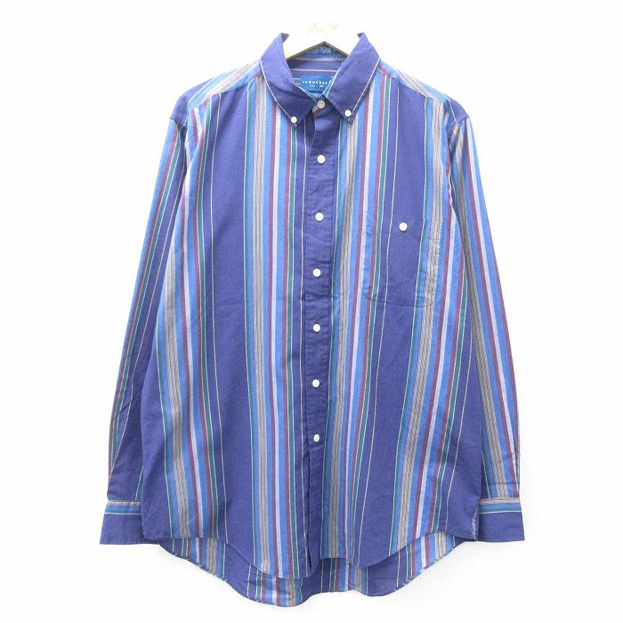 XL★古着 タウンクラフト 長袖 シャツ メンズ 90年代 90s ボタンダウン 紺他 ネイビー ストライプ 25aug30 中古 トップス