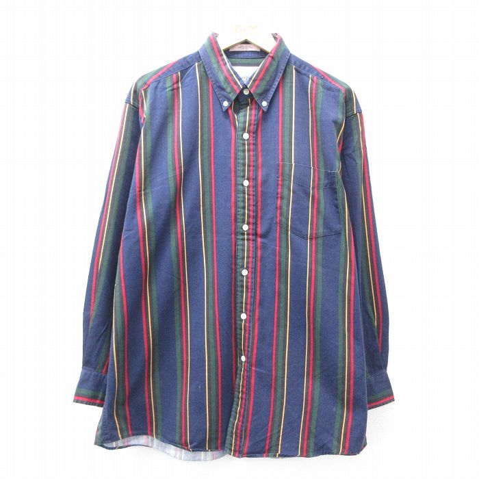 【50%OFF】XL★古着 長袖 シャツ メンズ コットン ボタンダウン 紺他 ネイビー ストライプ 25aug30 中古 トップス