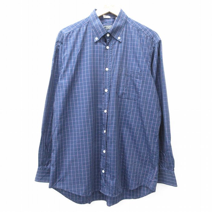 XL★古着 長袖 シャツ メンズ 90年代 90s コットン ボタンダウン イタリア製 紺 ネイビー チェック 25aug30 中古 トップス